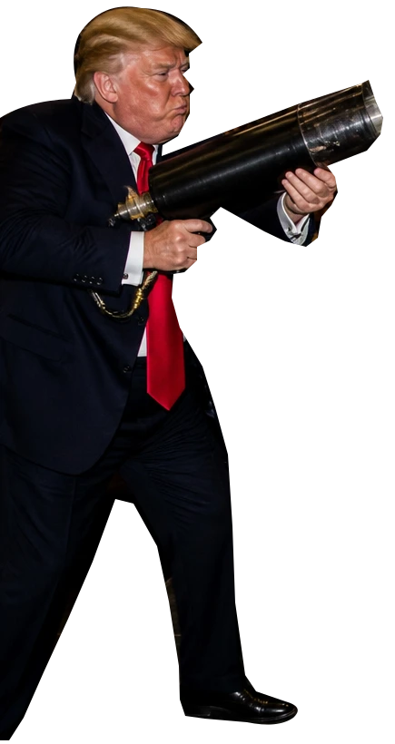 Blond-swept president in a navy suit and red tie, cheeks puffed, gripping the original black cash cannon.