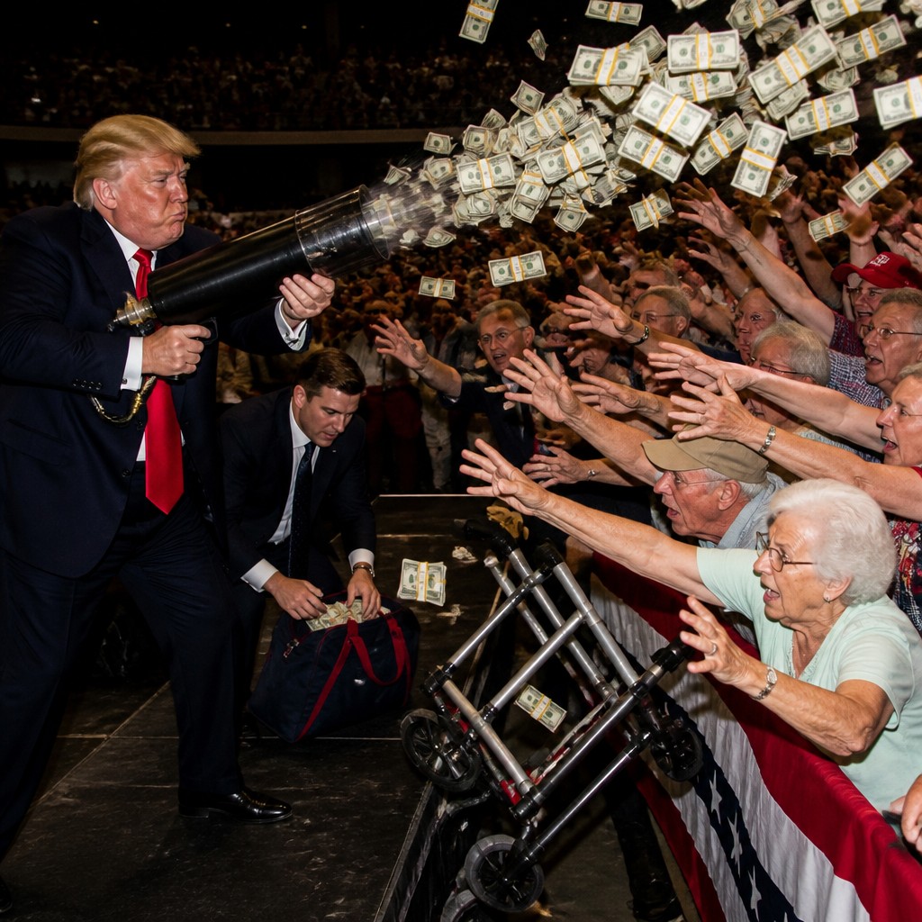 Original artwork #1349: president fires cash into a reaching rally crowd while an aide reloads from a duffel bag and an overturned walking frame fills the foreground.